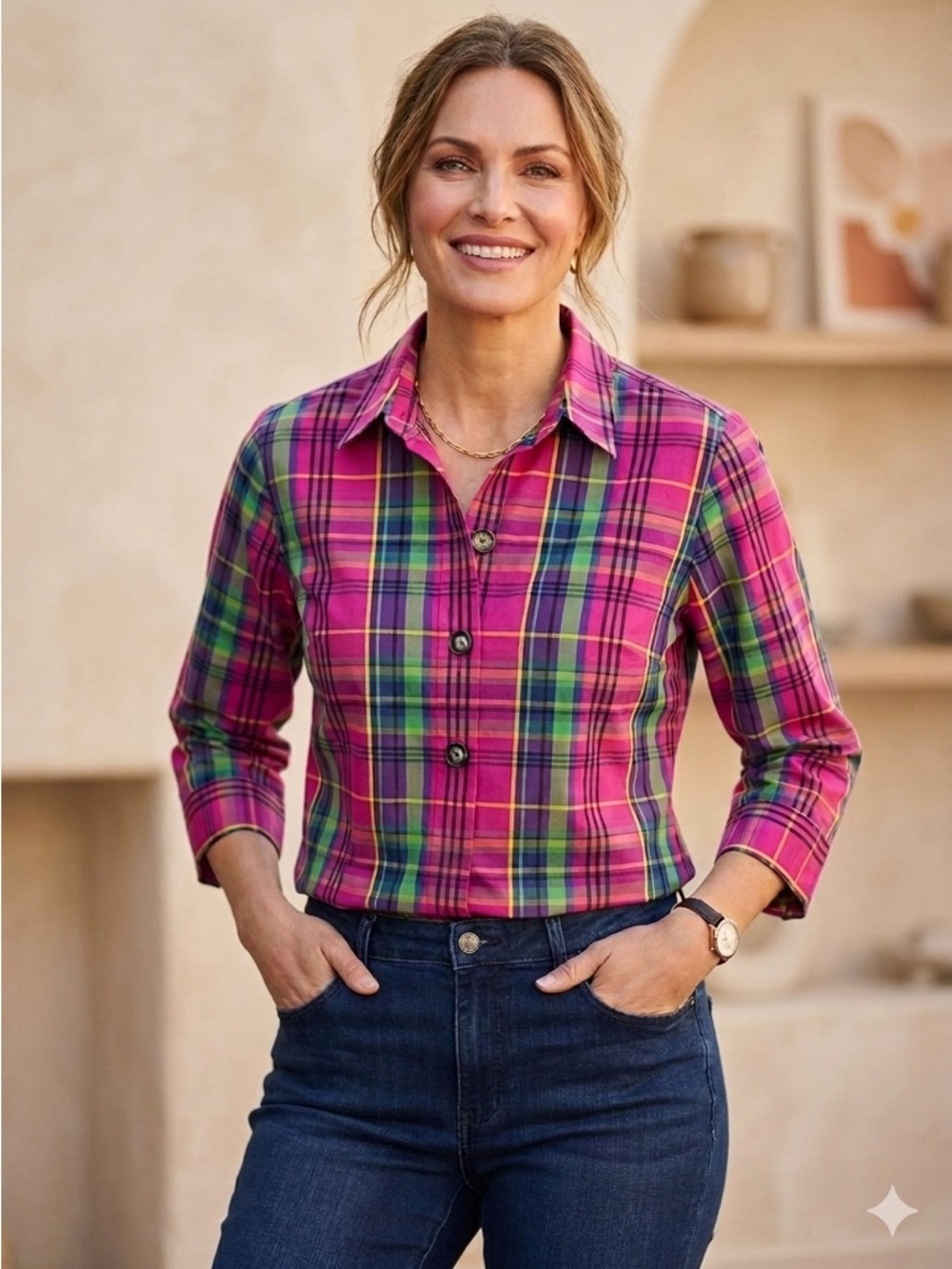Foxcroft Button-Down Shirt Blouse plaid preppy wrinkle-free pink 3/4 sleeve 14
